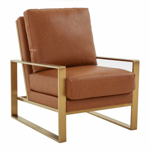 Jefferson Modern Leather Arm Chairs with Gold Frame and Coffee Table with Gold Geometric Base for Living Room