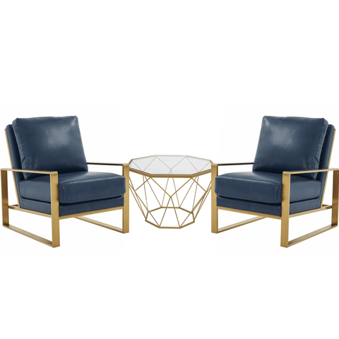 Jefferson Modern Leather Arm Chairs with Gold Frame and Coffee Table with Gold Geometric Base for Living Room