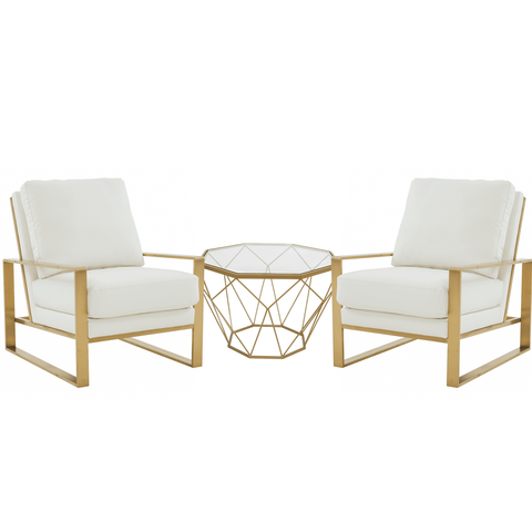 Jefferson Modern Leather Arm Chairs with Gold Frame and Coffee Table with Gold Geometric Base for Living Room