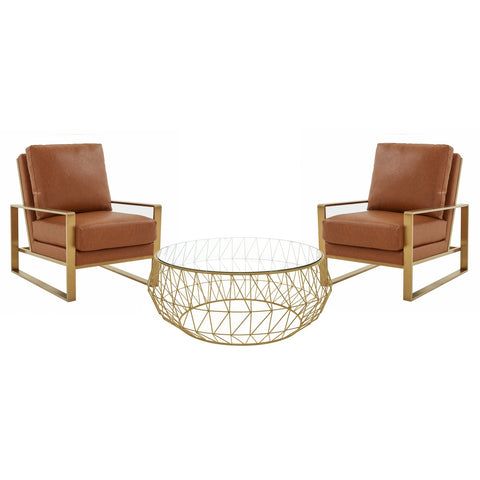 Jefferson Modern 3-Piece Living Room Set with Leather Arm Chair and Round Coffee Table with Brushed Gold Frame