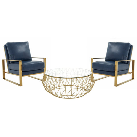 Jefferson Modern 3-Piece Living Room Set with Leather Arm Chair and Round Coffee Table with Brushed Gold Frame