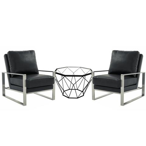 Jefferson Modern Leather Arm Chairs with Silver Frame and Coffee Table with Black Geometric Base for Living Room