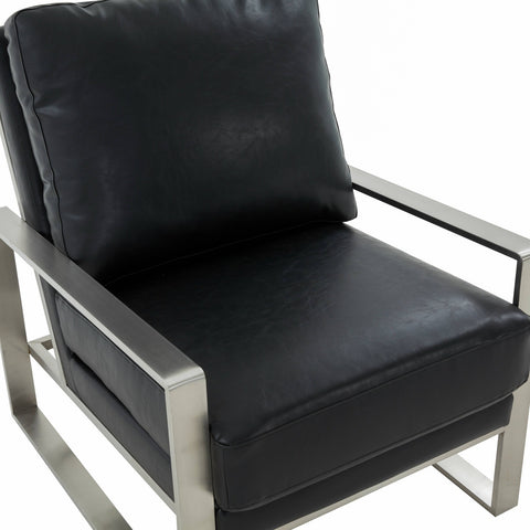 Jefferson Modern Leather Arm Chairs with Silver Frame and Coffee Table with Black Geometric Base for Living Room