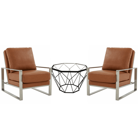 Jefferson Modern Leather Arm Chairs with Silver Frame and Coffee Table with Black Geometric Base for Living Room