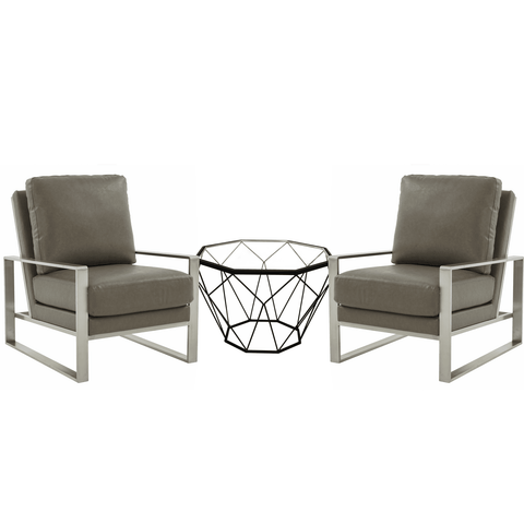 Jefferson Modern Leather Arm Chairs with Silver Frame and Coffee Table with Black Geometric Base for Living Room