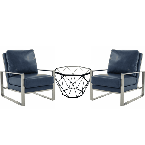 Jefferson Modern Leather Arm Chairs with Silver Frame and Coffee Table with Black Geometric Base for Living Room