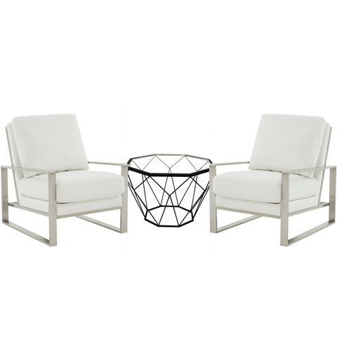 Jefferson Modern Leather Arm Chairs with Silver Frame and Coffee Table with Black Geometric Base for Living Room