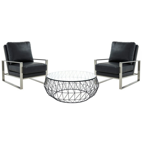 Jefferson Modern 3-Piece Living Room Set with Leather Arm Chair in Silver Frame and Round Coffee Table
