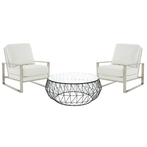Jefferson Modern 3-Piece Living Room Set with Leather Arm Chair in Silver Frame and Round Coffee Table