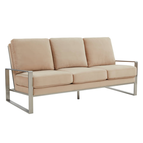 Jefferson 3-Seater Velvet/Leather Full Size Sofa in Stainless Steel