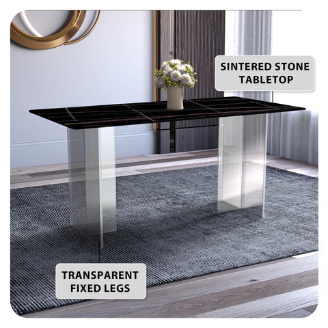 Kova Series Modern Rectangular Dining Table with Sintered Stone or Glass Top and Acrylic Base Legs