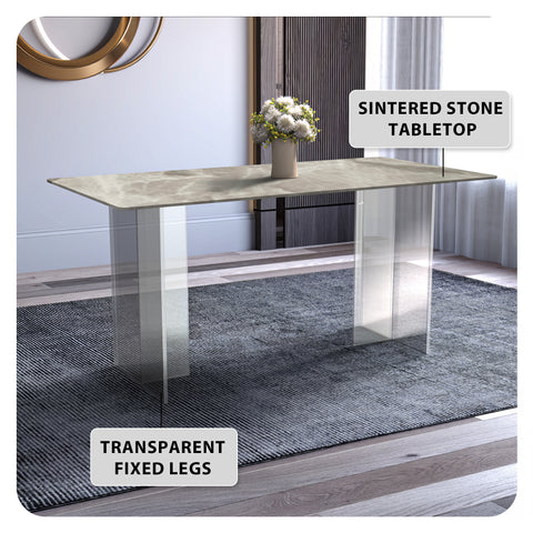 Kova Series Modern Rectangular Dining Table with Sintered Stone or Glass Top and Acrylic Base Legs