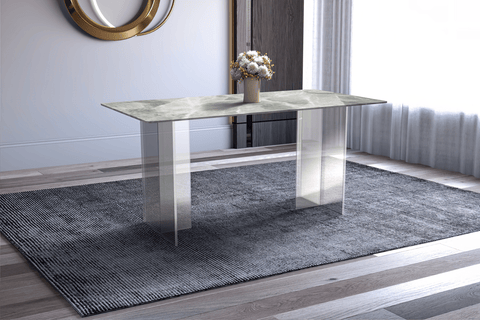 Kova Series Modern Rectangular Dining Table with Sintered Stone or Glass Top and Acrylic Base Legs