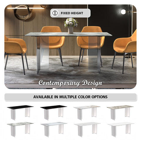 Kova Series Modern Rectangular Dining Table with Sintered Stone or Glass Top and Acrylic Base Legs