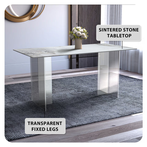 Kova Series Modern Rectangular Dining Table with Sintered Stone or Glass Top and Acrylic Base Legs