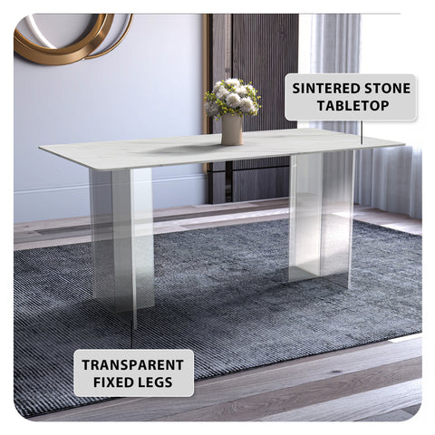 Kova Series Modern Rectangular Dining Table with Sintered Stone or Glass Top and Acrylic Base Legs