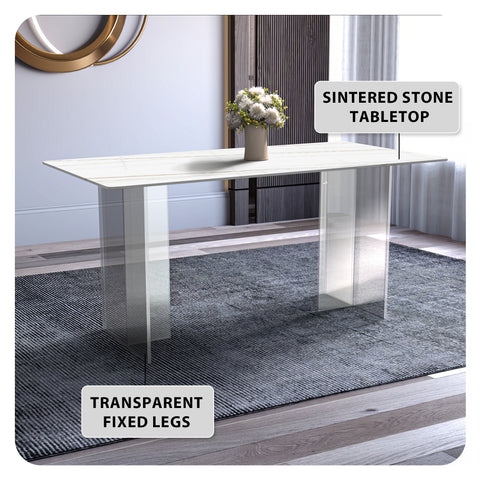 Kova Series Modern Rectangular Dining Table with Sintered Stone or Glass Top and Acrylic Base Legs