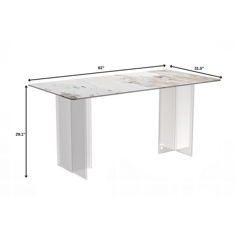 Kova Series Modern Rectangular Dining Table with Sintered Stone or Glass Top and Acrylic Base Legs