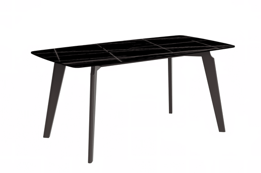 Krevor Modern Dining Table with Rectangular Stone/Glass Wide Tabletop with Black Steel Legs