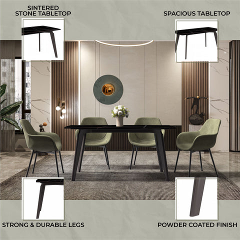 Krevor Modern Dining Table with Rectangular Stone/Glass Wide Tabletop with Black Steel Legs