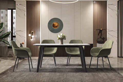 Krevor Modern Dining Table with Rectangular Stone/Glass Wide Tabletop with Black Steel Legs