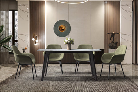 Krevor Modern Dining Table with Rectangular Stone/Glass Wide Tabletop with Black Steel Legs