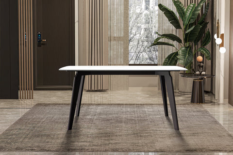 Krevor Modern Dining Table with Rectangular Stone/Glass Wide Tabletop with Black Steel Legs