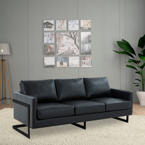 Lincoln 3-Seater Sofa Upholstered in Leather with Black Stainless Steel Frame