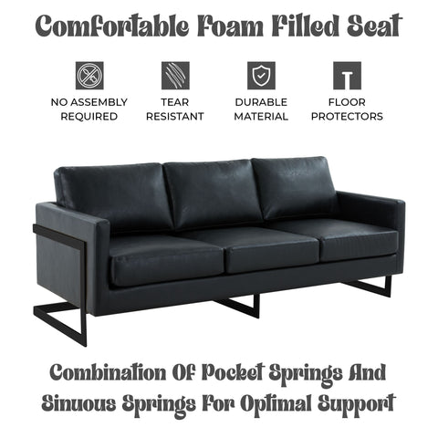 Lincoln 3-Seater Sofa Upholstered in Leather with Black Stainless Steel Frame