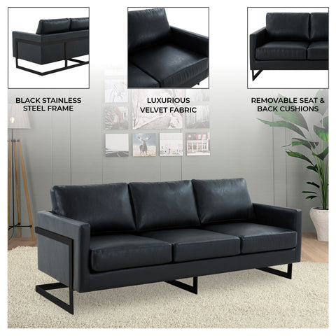 Lincoln 3-Seater Sofa Upholstered in Leather with Black Stainless Steel Frame