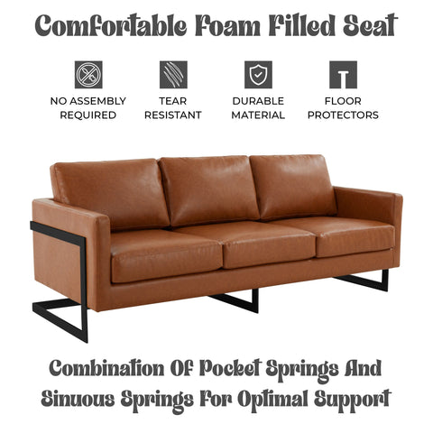 Lincoln 3-Seater Sofa Upholstered in Leather with Black Stainless Steel Frame