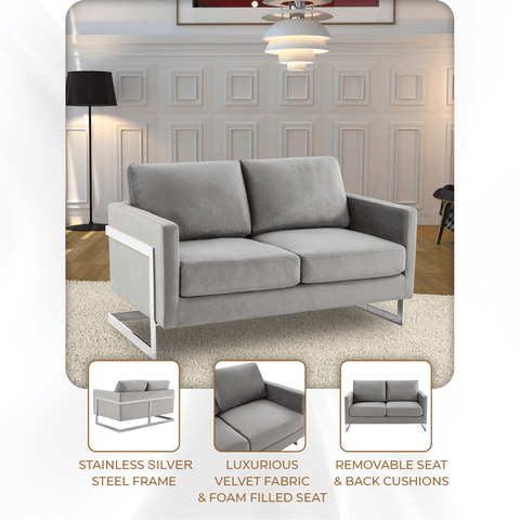 Lincoln Velvet Loveseat Sofa with Removable Cushions and Chromed Stainless Steel Frame