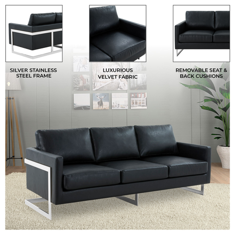 Lincoln 3-Seater Sofa Upholstered in Leather with Chrome Stainless Steel Frame