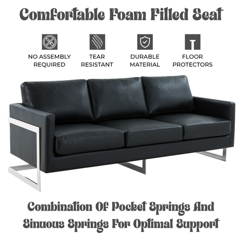 Lincoln 3-Seater Sofa Upholstered in Leather with Chrome Stainless Steel Frame