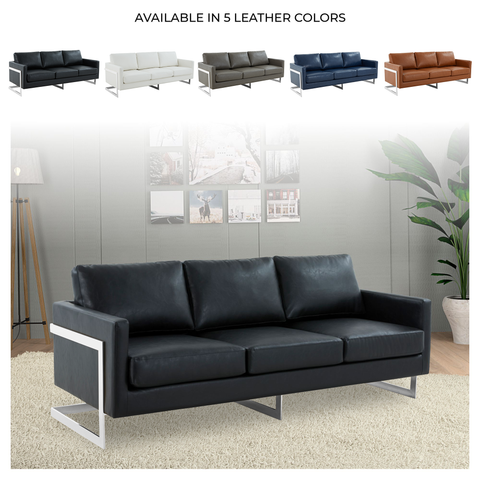 Lincoln 3-Seater Sofa Upholstered in Leather with Chrome Stainless Steel Frame