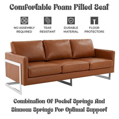 Lincoln 3-Seater Sofa Upholstered in Leather with Chrome Stainless Steel Frame