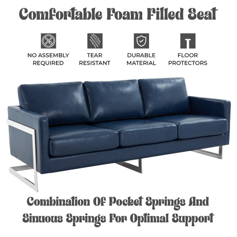 Lincoln 3-Seater Sofa Upholstered in Leather with Chrome Stainless Steel Frame