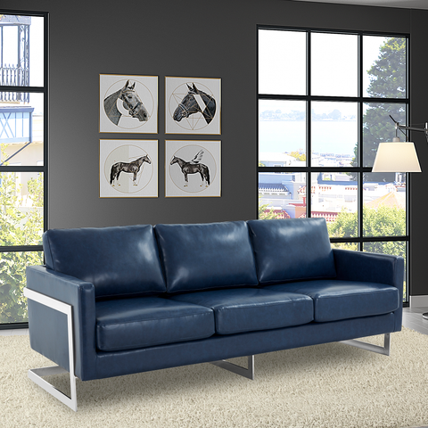 Lincoln 3-Seater Sofa Upholstered in Leather with Chrome Stainless Steel Frame