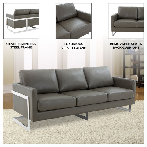 Lincoln 3-Seater Sofa Upholstered in Leather with Chrome Stainless Steel Frame