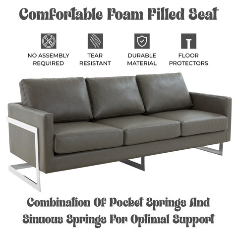 Lincoln 3-Seater Sofa Upholstered in Leather with Chrome Stainless Steel Frame