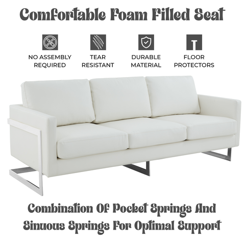 Lincoln 3-Seater Sofa Upholstered in Leather with Chrome Stainless Steel Frame