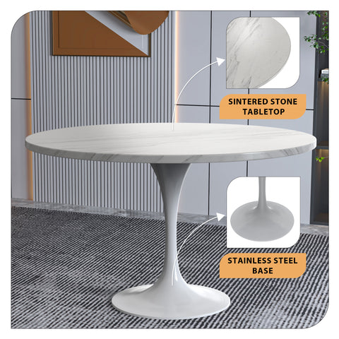 Verve 48" Round Dining Table with Sintered Stone Tabletop in White Steel Pedestal Base