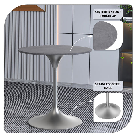 Verve Mid-Century Modern 27" Round Dining Table with Sintered Stone Top and Stainless Steel Pedestal Base for Kitchen and Dining Room