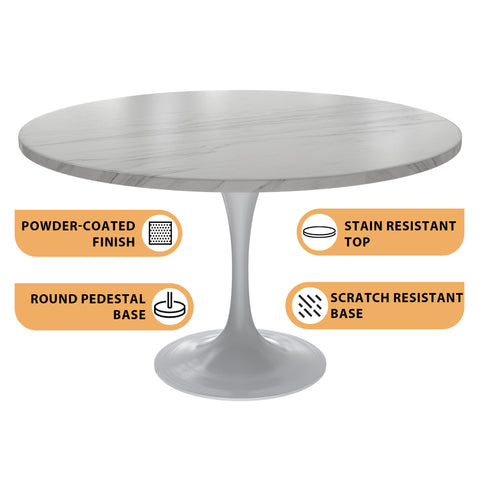 Verve 48" Round Dining Table with Sintered Stone Tabletop in White Steel Pedestal Base