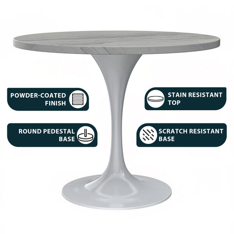 Verve Modern Round Dining Table with a White Resin Tabletop and White Steel Pedestal Base