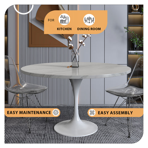 Verve 48" Round Dining Table with Sintered Stone Tabletop in White Steel Pedestal Base