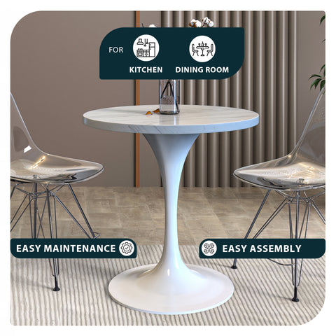 Verve Modern Round Dining Table with a White Resin Tabletop and White Steel Pedestal Base