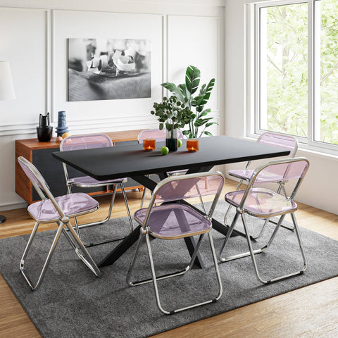 Lawrence 7-Piece Dining Set: Folding Acrylic Chairs & Rectangular Wood Table with Geometric Base