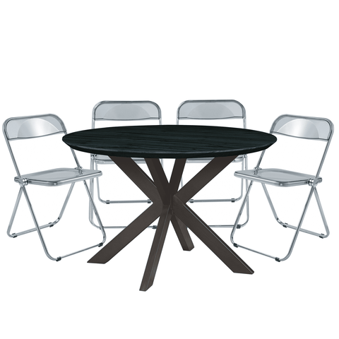 Lawrence 5-Piece Dining Set with Folding Acrylic Dining Chairs and Round Dining Table with Geometric Base for Kitchen and Dining Room