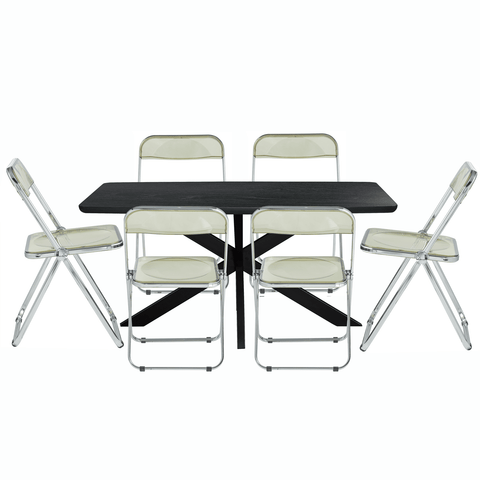Lawrence 7-Piece Dining Set with Folding Acrylic Dining Chairs and Rectangular Wood Dining Table with Geometric Base for Kitchen and Dining Room